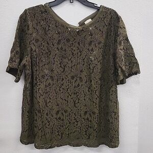 Chico's Womens Top Blouse Size 2 Gold Foiled Lace Overlay Short Sleeve Green